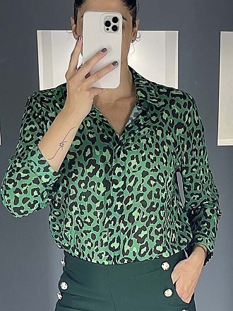 Γυναικείο πουκάμισο animal print κλείνει με κουμπιά | Πράσινο Σκούρο