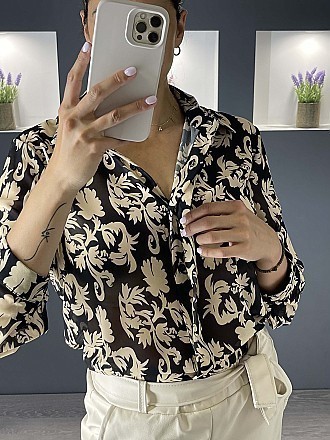 Γυναικείο πουκάμισο floral κλείνει με κουμπιά | Μαύρο - Μπεζ