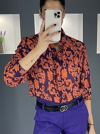 Γυναικείο πουκάμισο floral κλείνει με κουμπιά | Μωβ - Πορτοκαλί