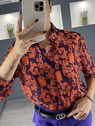 Γυναικείο πουκάμισο floral κλείνει με κουμπιά | Μωβ - Πορτοκαλί