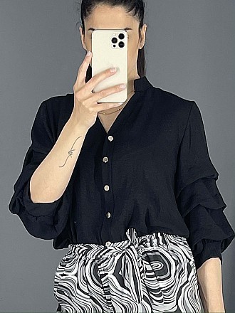 Γυναικείο πουκάμισο μονόχρωμο ασύμμετρο με σουρα στο μανίκι | Μαύρο