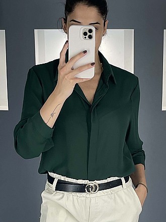 Γυναικείο πουκάμισο μονόχρωμο κλείνει με κουμπιά | Πράσινο σκούρο