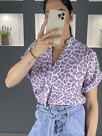 Μπλούζα σε στυλ πουκαμίσας animal print με κοντό μανίκι | Λιλά