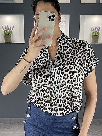 Μπλούζα σε στυλ πουκαμίσας animal print με κοντό μανίκι | Μπεζ