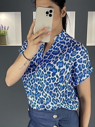 Μπλούζα σε στυλ πουκαμίσας animal print με κοντό μανίκι | Μπλε