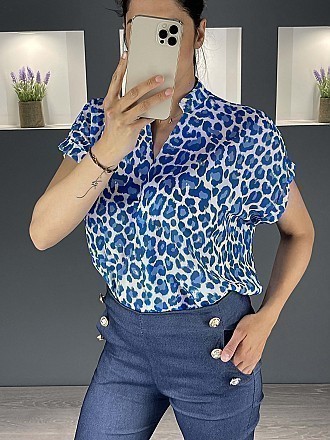 Μπλούζα σε στυλ πουκαμίσας animal print με κοντό μανίκι | Μπλε