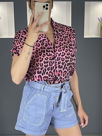 Μπλούζα σε στυλ πουκαμίσας animal print με κοντό μανίκι | Ροζ