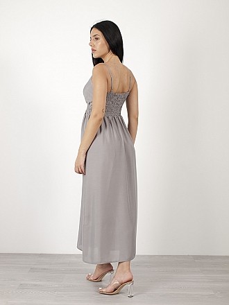 Φόρεμα maxi αέρινο κρουαζέ με λάστιχο στη μέση και τιράντες | Γκρι
