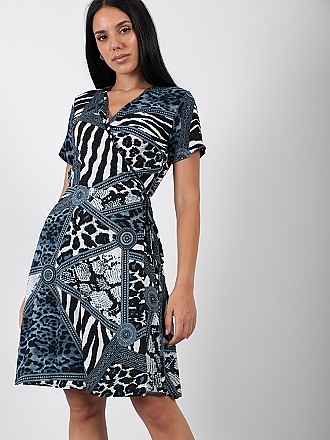 Φόρεμα mini εμπριμέ τύπου κρουαζέ | Λευκό-Μαύρο [-24%] - μπροστινή όψη