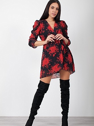 Φόρεμα mini τύπου κρουαζέ floral με βολάν φουσκωτά μανίκια και ζωνάκι στη μέση │Μαύρο-Κόκκινο