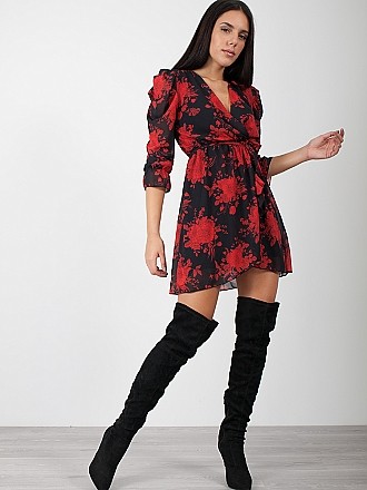 Φόρεμα mini τύπου κρουαζέ floral με βολάν φουσκωτά μανίκια και ζωνάκι στη μέση │Μαύρο-Κόκκινο