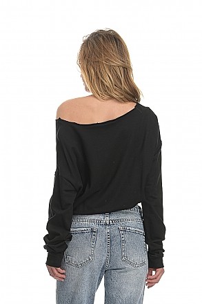 Γυναικεία φούτερ μπλούζα cropped με στάμπα μακρύ μανίκι και κορδόνι στο κάτω μέρος | Μαύρο