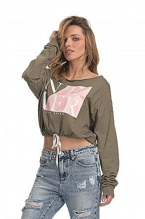 Γυναικεία φούτερ μπλούζα cropped με στάμπα μακρύ μανίκι και κορδόνι στο κάτω μέρος | Χακί