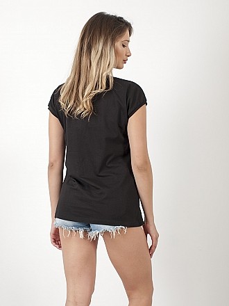 Γυναικεία μπλούζα t-shirt με στάμπα ασημένια γράμματα "STRONGER" σε άνετη γραμμή και κοντό μανίκι | Μαύρο