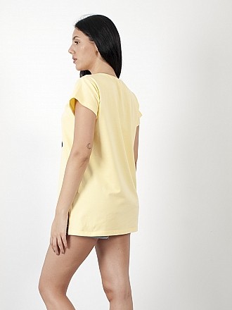 Γυναικεία μπλούζα t-shirt με στάμπα μακριά σε άνετη γραμμή και κοντό μανίκι | Κίτρινο