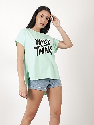 Γυναικεία μπλούζα t-shirt με στάμπα "wild thing" πιο μακριά πίσω και κοντό μανίκι | Βεραμάν