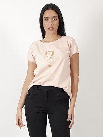 Γυναικεία μπλούζα t-shirt με στάμπα χρυσό ερωτηματικό σε άνετη γραμμή και κοντό μανίκι | Ροζ