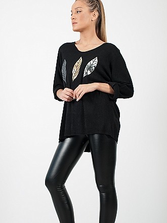 Γυναικεία μπλούζα με τύπωμα φύλλα│Μαύρο