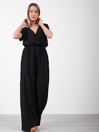 Γυναικεία ολόσωμη φόρμα τύπου κρουαζέ με ζωνάκι | Μαύρο - μπροστινή όψη