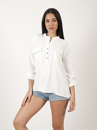 Γυναικεία πουκαμίσα all seasons με τσεπάκια στο μπούστο κλείνει με κουμπιά μπροστά | Λευκό