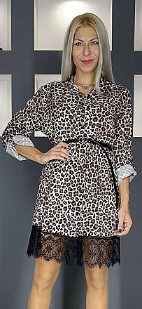 Γυναικεία πουκαμίσα φόρεμα animal print με δαντέλα στο τελείωμα και ζωνάκι | Animal print