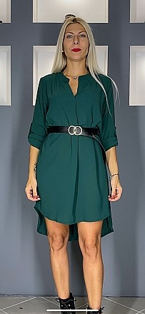 Γυναικεία πουκαμίσα- φόρεμα ασύμμετρη πιο μακριά πίσω με δερματίνη ζώνη | Πράσινο