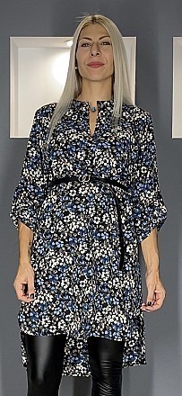 Γυναικεία πουκαμίσα - φόρεμα floral ασύμμετρη με δερμάτινο ζωνάκι | Μπλε
