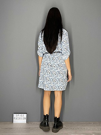 Γυναικεία πουκαμίσα - φόρεμα λαχούρι ασύμμετρη πιο μακριά πίσω με δερματίνη ζώνη | Γαλάζιο