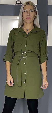 Γυναικεία πουκαμίσα- φόρεμα με ζώνη στο ίδιο ύφασμα | Χακί