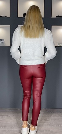 Γυναικείο δερμάτινο παντελόνι κολάν ψηλόμεσο με τσέπες στα πλαϊνά | Μπορντό