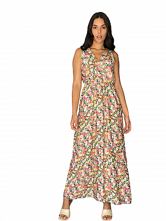 Γυναικείο Floral maxi φόρεμα είναι κρουαζέ αμάνικο με λάστιχο στη μέση | Ροζ