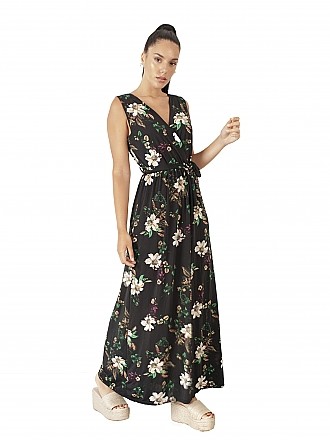 Γυναικείο φόρεμα floral maxi τύπου κρουαζέ με λάστιχο στη μέση και ζωνάκι | Μαύρο