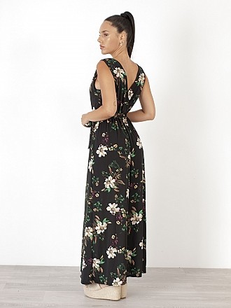 Γυναικείο φόρεμα floral maxi τύπου κρουαζέ με λάστιχο στη μέση και ζωνάκι | Μαύρο