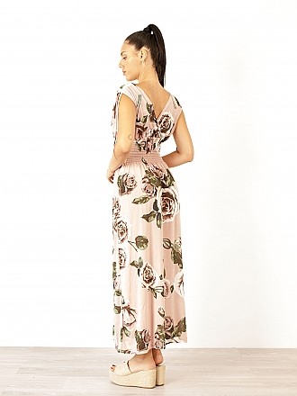 Γυναικείο φόρεμα floral με μεγάλα τριαντάφυλλα, maxi, τύπου κρουαζέ | Ροζ