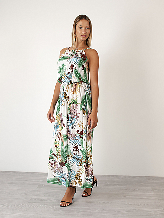 Γυναικείο φόρεμα maxi floral με ράντα που αυξομειώνεται και λάστιχο στη μέση | Λευκό