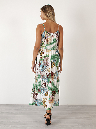 Γυναικείο φόρεμα maxi floral με ράντα που αυξομειώνεται και λάστιχο στη μέση | Λευκό