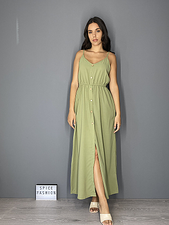 Γυναικείο φόρεμα maxi μονόχρωμο με διακοσμητικά κουμπιά έχει ράντες που αυξομειώνονται και λάστιχο στη μέση | Χακί