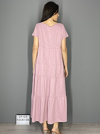 Γυναικείο φόρεμα maxi oversize με βολάν boho style | Ροζ