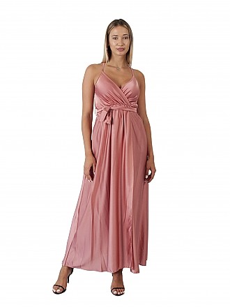 Γυναικείο φόρεμα maxi σατέν τύπου κρουαζέ με άνοιγμα μπροστά λάστιχο και ζωνάκι στη μέση | Σάπιο μήλο