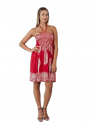 Γυναικείο φόρεμα midi ethnic με λάστιχο στο μπούστο και δέσιμο στο λαιμό | Κόκκινο