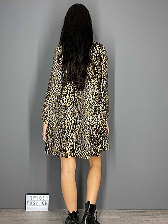 Γυναικείο φόρεμα mini animal print με βολάν και διακοσμητικά κουμπιά | Κάμελ-Μαύρο