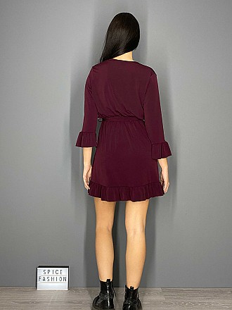 Γυναικείο φόρεμα mini τύπου κρουαζέ με βολάν και ζωνάκι στη μέση | Μπορντό