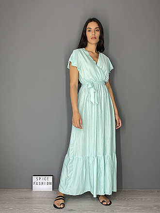 Γυναικείο maxi φόρεμα κρουαζέ με κοντό μανίκι και λάστιχο στη μέση | Βεραμάν