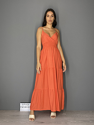 Γυναικείο maxi φόρεμα κρουαζέ με βολάν στο τελείωμα ράντες που αυξομειώνονται και λάστιχο στη μέση | Κοραλί