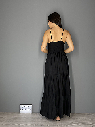 Γυναικείο maxi φόρεμα κρουαζέ με βολάν στο τελείωμα ράντες που αυξομειώνονται και λάστιχο στη μέση | Μαύρο