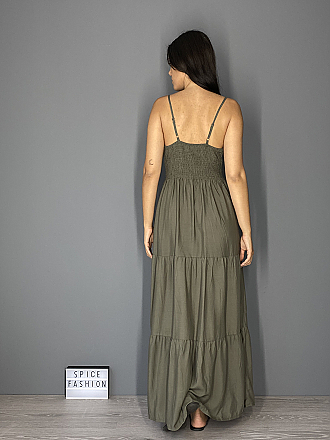 Γυναικείο maxi φόρεμα κρουαζέ με βολάν στο τελείωμα ράντες που αυξομειώνονται και λάστιχο στη μέση | Χακί