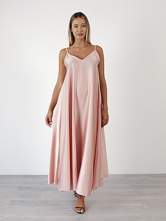 Γυναικείο maxi φόρεμα σατέν με τιράντα | Ροζ