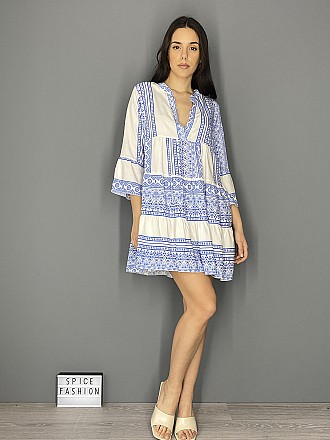 Γυναικείο mini φόρεμα ETHNIC STYLE με βολάν με βάση το λευκό χρώμα | Ρουά