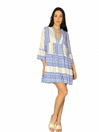 Γυναικείο mini φόρεμα ETHNIC STYLE με βολάν με βάση το λευκό χρώμα | Ρουά