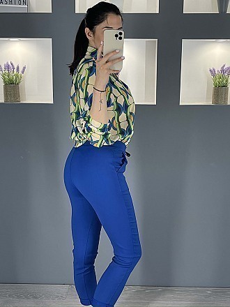 Γυναικείο παντελόνι ελαστικό με λάστιχο και κορδόνι στη μέση | Μπλε Ρουά